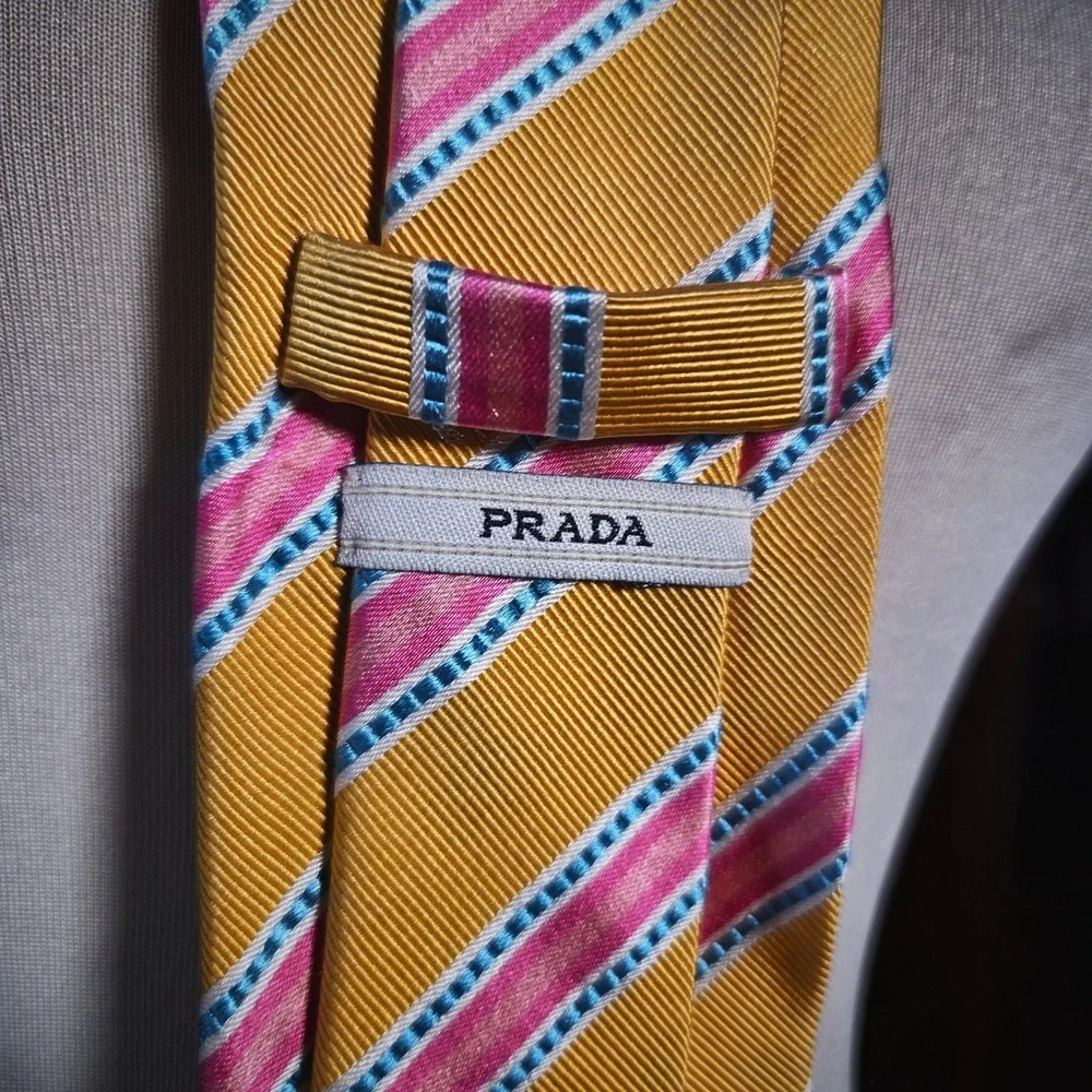 Prada Silk Tie Vintage 90s Yellow Pink Blue Stripe Italy Designer Mens Necktie